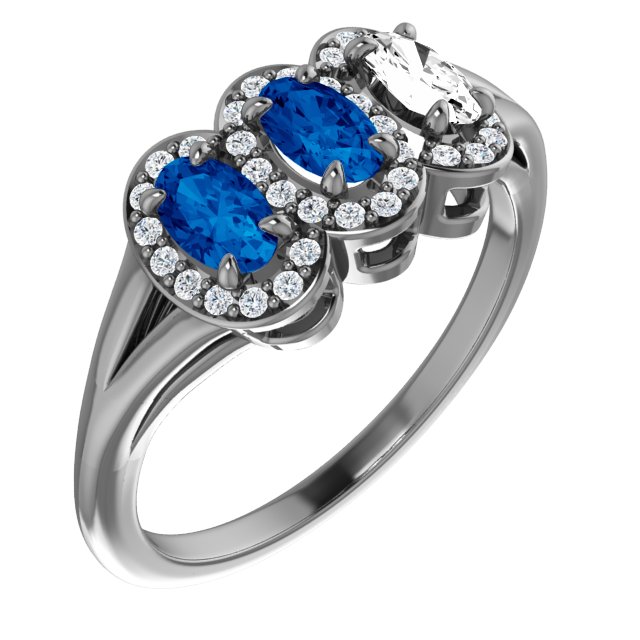14K Yellow Chatham® Created Blue Sapphire & 1/6 CTW Diamond Ring    